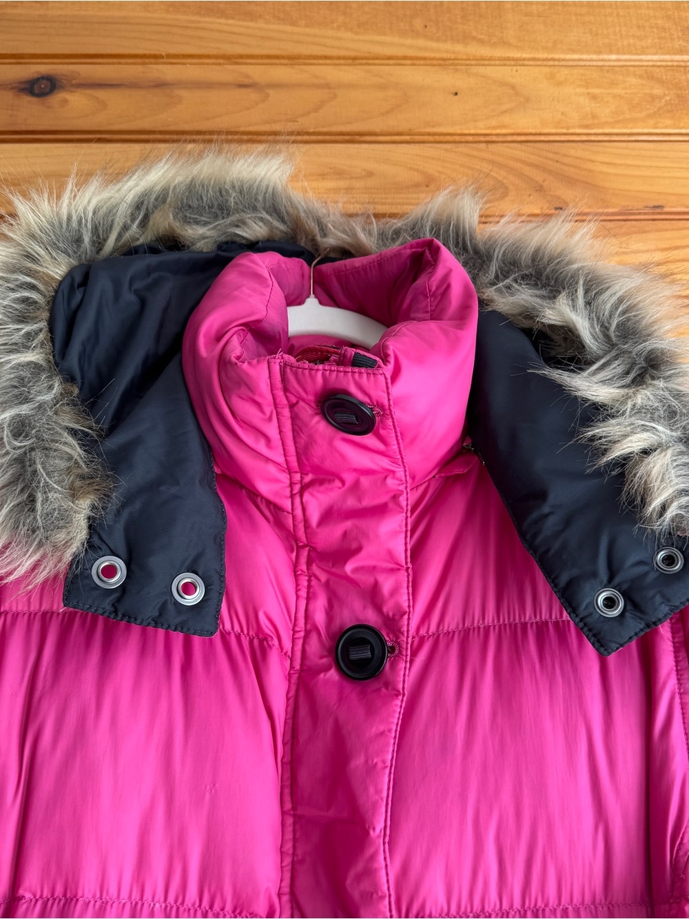 L.L.Bean Down Puffer Jacket L Hot Pink Faux Fur Hood Retro Ski Bunny Winter - Picture 4 of 16